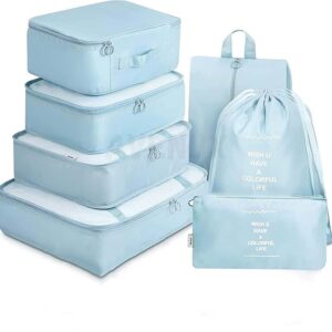 AVENUX 7pcs Set Travel Organizer Packing Cubes Lightweight Travel Luggage Organizers with Laundry Bag or Toiletry Bag Laundry Organiser (Blue, 7 PCS) Polyester, 20 x 10 x 5 cm