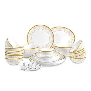 Cello Opalware Divine Series Royal Amber Gold 33 Pcs Dinner Set Serving for 6 |Daily Use Opal Glass Crockery Set |Microwave & Dishwasher Safe |Bone Ash-Free, Chip-Resistant | White